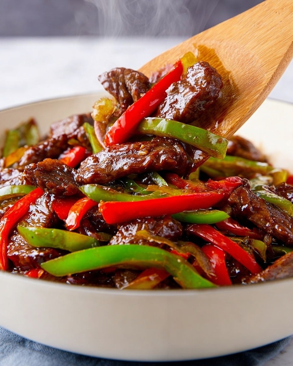 The image shows a close-up of a white bowl filled with a stir-fry dish made of dark brown, shiny slices of cooked meat mixed with long, thin strips of bright red and green bell peppers. A light wooden spatula is lifting some pieces from the bowl, creating texture contrast between the smooth cooked meat and the crisp vegetables. The white bowl rests on a white marbled surface that adds a clean look and bright feeling to the scene, with steam lightly rising from the hot food. photo taken with an iphone --ar 4:5 --v 7