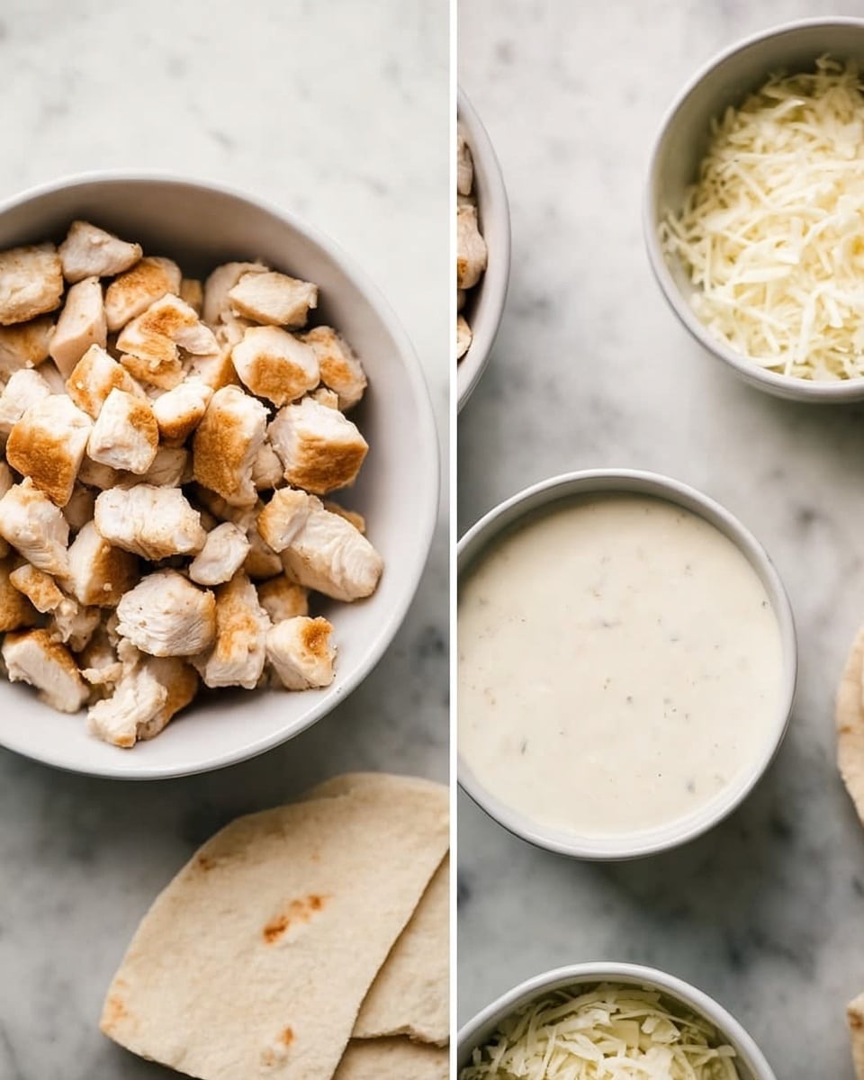 The image shows a white bowl filled with small, light golden pieces of cooked chicken placed on a white marbled surface. The chicken pieces look soft with a slightly browned outside and cut into bite-size chunks. Near the bowl, there is a white bowl containing a thick white sauce or dressing with a smooth texture. There are also some thin, shredded pale yellow pieces of cheese or cabbage visible in another white bowl placed on the white marbled background. Two light beige pieces of flatbread are placed near the bowls. The overall setting looks like a simple food prep with the items neatly spaced. Photo taken with an iphone --ar 4:5 --v 7