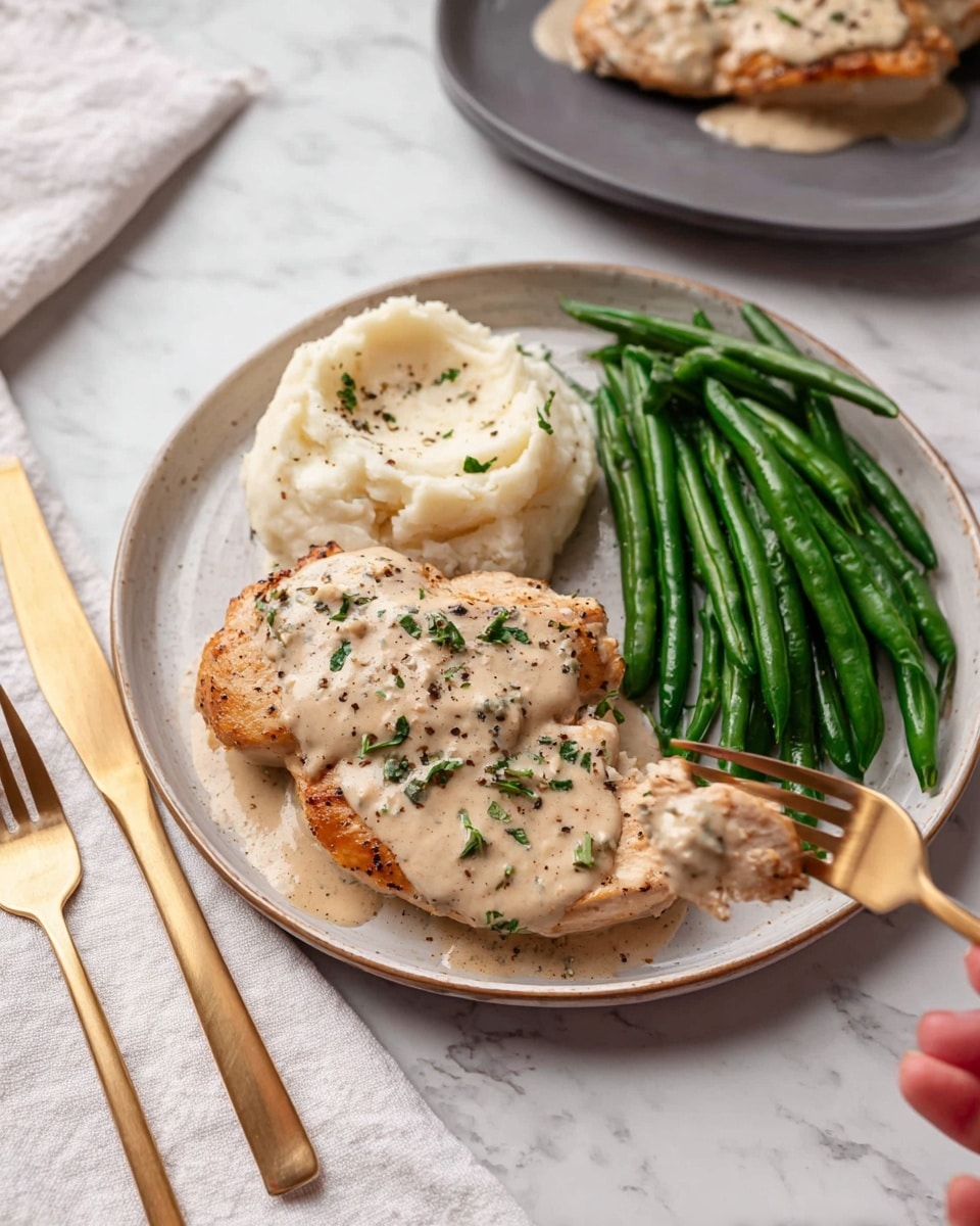 On a round white plate, there are three main parts: two cooked light brown chicken pieces on the left, covered with a creamy beige sauce sprinkled with small green herb bits and black pepper; a mound of smooth white mashed potatoes behind the chicken, also topped with some sauce and specks of black pepper and herbs; to the right, a neat pile of bright green steamed green beans with a slight shine and some black pepper on top. The plate sits on a white marbled surface with a white cloth napkin underneath a gold fork and knife on the left side. In the background, there is a partial view of another gray plate with chicken topped with sauce and a woman's hand holding a fork with a chicken piece. Photo taken with an iphone --ar 4:5 --v 7