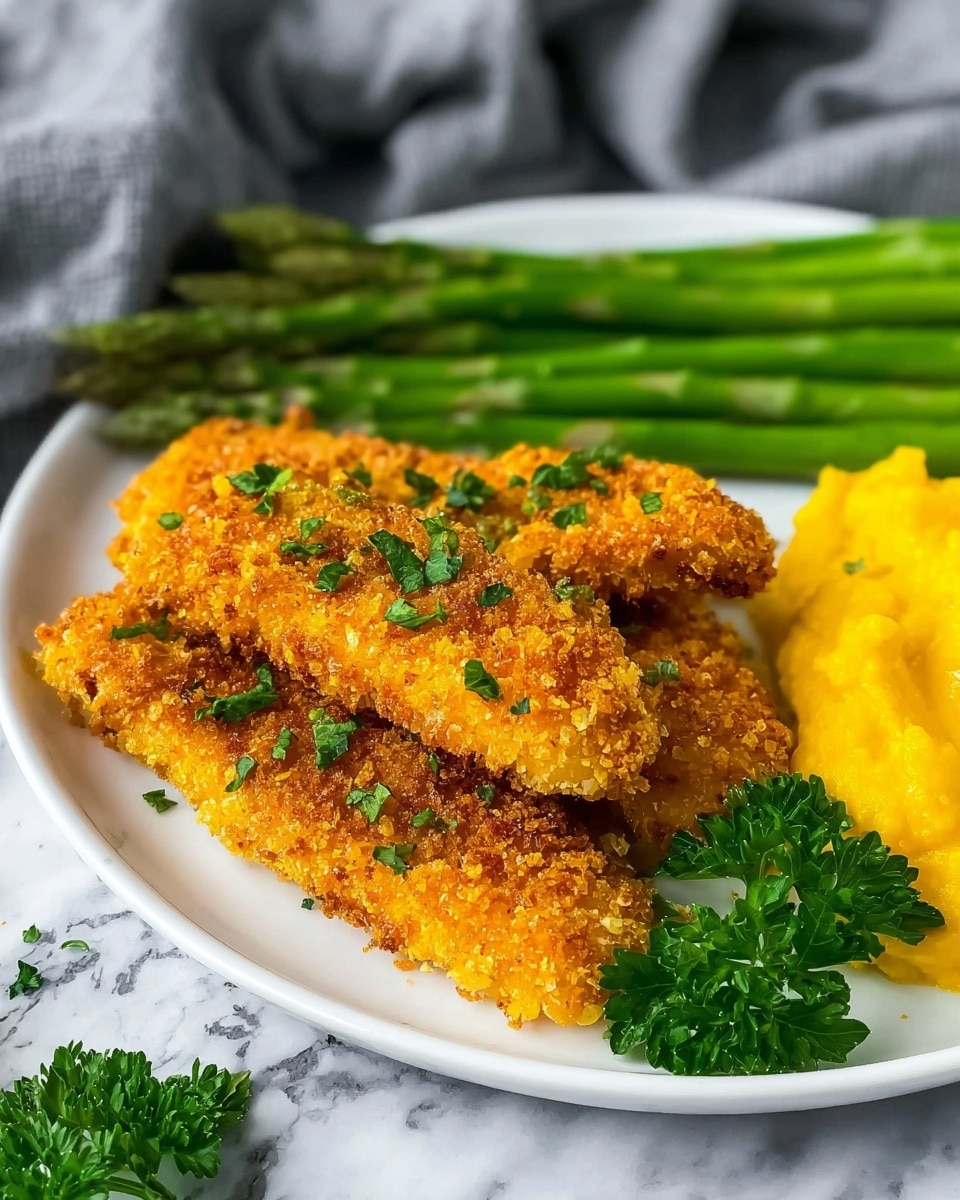 The image shows a white plate with three golden-brown crispy fried strips stacked near the center, sprinkled with small green herb pieces. Behind the strips, there is a neat row of vibrant green asparagus spears lying side by side. On the right edge of the plate, a bright yellow creamy side dish with a smooth and soft texture is visible. A sprig of fresh parsley is placed near the bottom edge of the plate for garnish. The plate is set on a white marbled surface with a gray fabric napkin partly visible in the background. Photo taken with an iphone --ar 4:5 --v 7