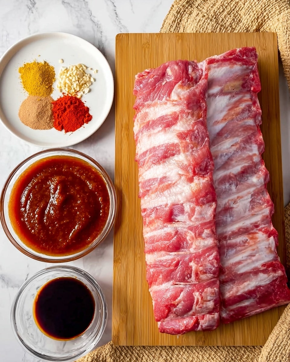 A large rack of raw ribs with pinkish-red flesh and white bone edges rests on a wooden cutting board. To the left, on a white plate, there are three spices: finely crushed yellowish garlic, bright red powder, and light brown granulated seasoning, all arranged in separate piles. Below the plate, a small white dish holds a dark, thick sauce, while at the bottom left of the image, a clear glass bowl contains a rich, thick reddish-brown sauce with a smooth texture. The background features a white marbled surface with a woven beige cloth partially visible on the right side. Photo taken with an iphone --ar 4:5 --v 7