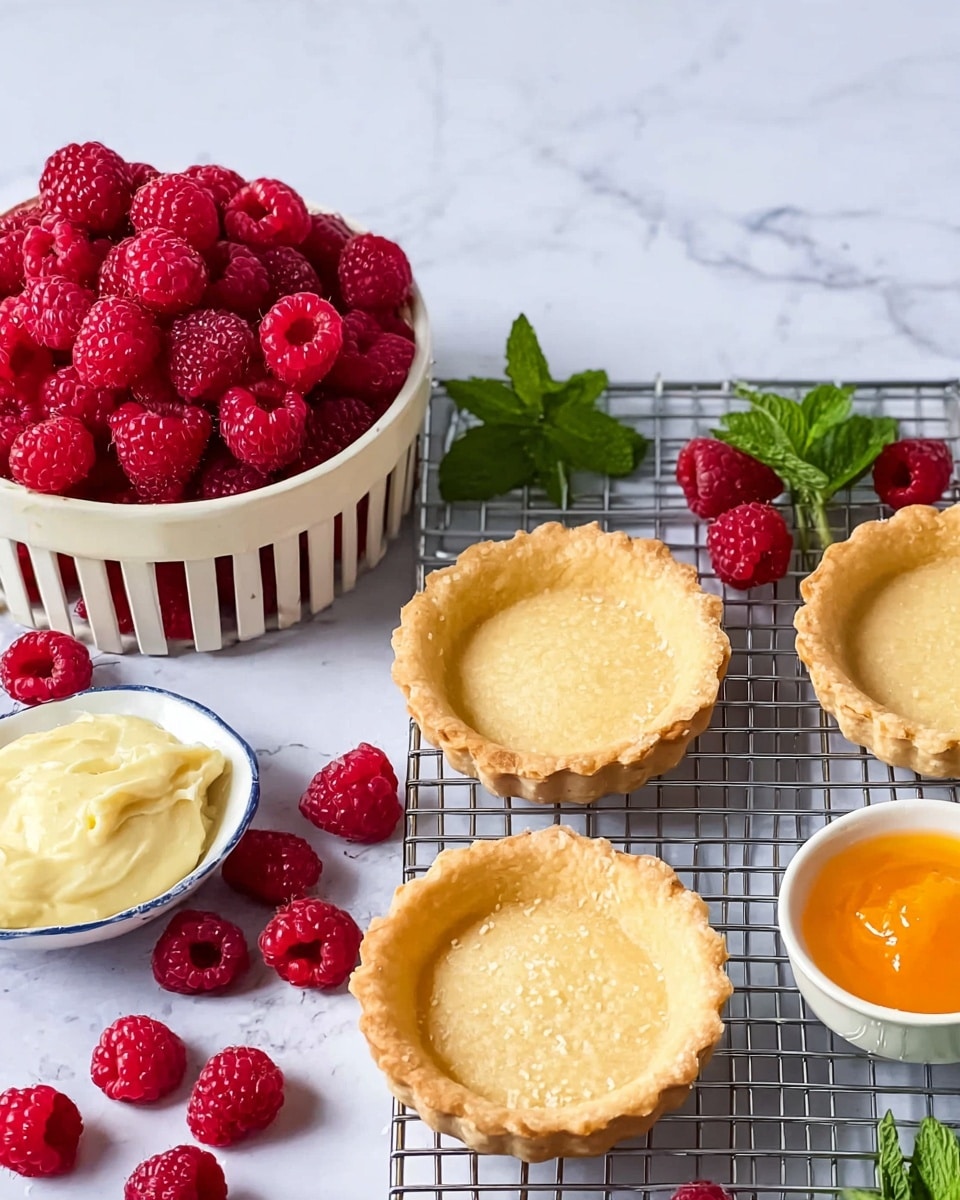 The image shows three empty tart shells with a light golden brown color and slightly uneven edges placed on a cooling rack. Next to them is a white ceramic basket filled with fresh, red raspberries piled high. Scattered raspberries lie on the white marbled surface around the rack. There are two small white bowls nearby, one with a smooth, pale yellow cream and the other with bright orange jam. A small bunch of green mint leaves adds a fresh touch near the tart shells. The background is a clean white marbled texture. photo taken with an iphone --ar 4:5 --v 7