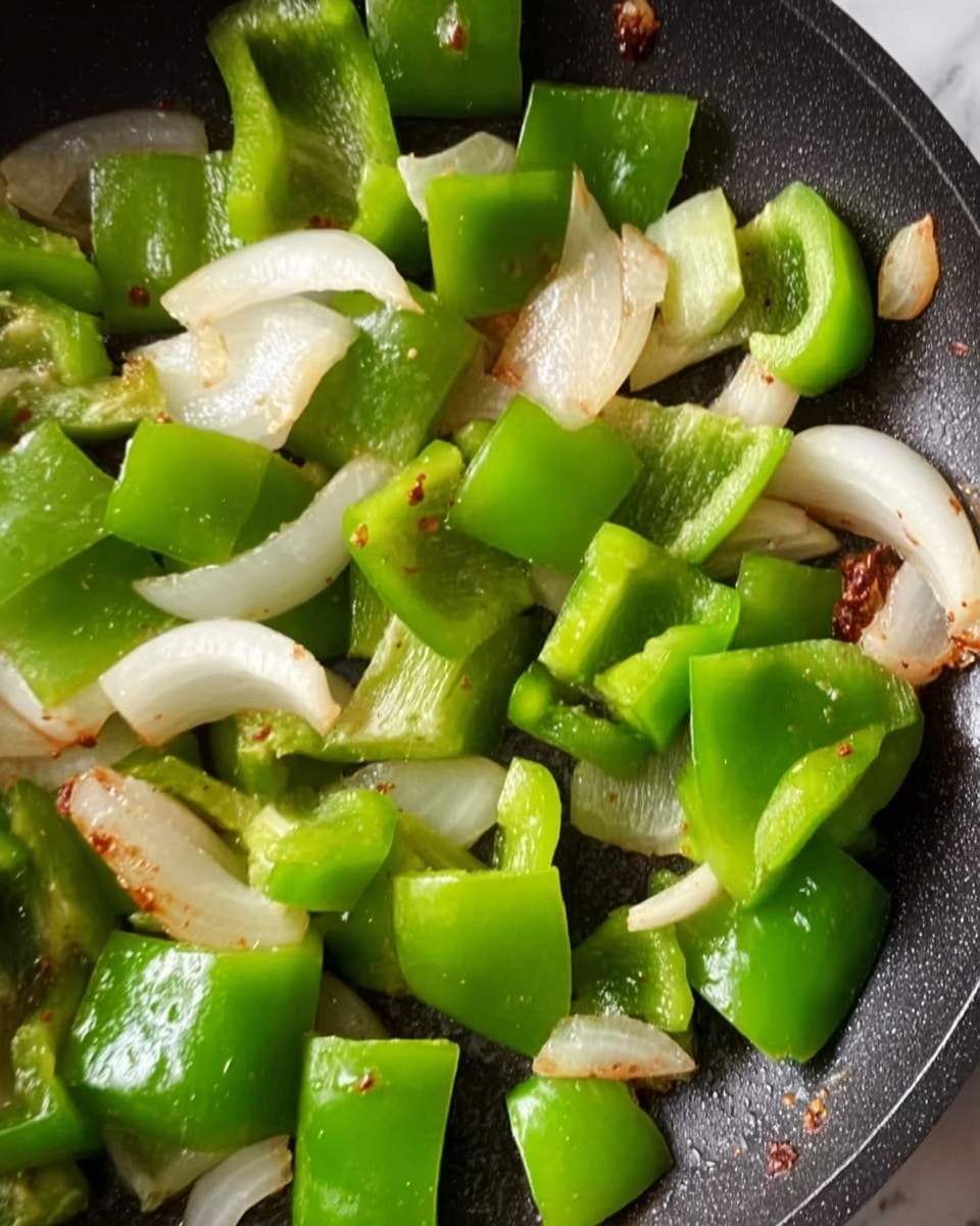 This image shows a close-up of a black pan with cooked green bell pepper pieces and white onion slices. The green bell peppers are cut into uneven square shapes with a shiny, soft texture. The white onion slices are curved, translucent, and slightly browned on the edges. Small bits of brown garlic or seasoning are scattered around, adding detail to the pan’s surface. The peppers and onions appear lightly sautéed, creating a mix of bright green and off-white colors with light browning. The background is a white marbled texture. photo taken with an iphone --ar 4:5 --v 7