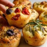 Focaccia Muffins with Three Flavors: Basil Pesto, Rosemary, Cherry Tomatoes, and Olives Recipe