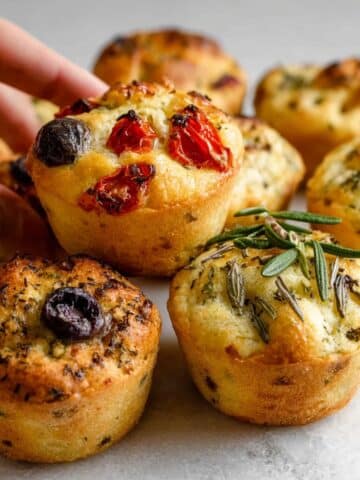 Focaccia Muffins with Three Flavors: Basil Pesto, Rosemary, Cherry Tomatoes, and Olives Recipe