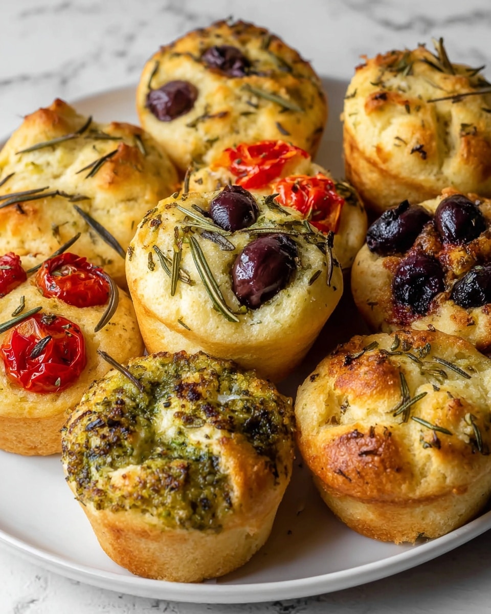 The image shows a white plate filled with small round focaccia muffins, each topped with different ingredients. Some muffins have light golden brown soft bread with sprigs of fresh green rosemary on top, while others are adorned with dark purple olives and bright red cherry tomato halves embedded in the light crust. A few muffins are covered with a greenish herb pesto layer, giving a textured and slightly browned top. The muffins are arranged close to each other on the plate, and the plate sits on a white marbled surface. Photo taken with an iphone --ar 4:5 --v 7