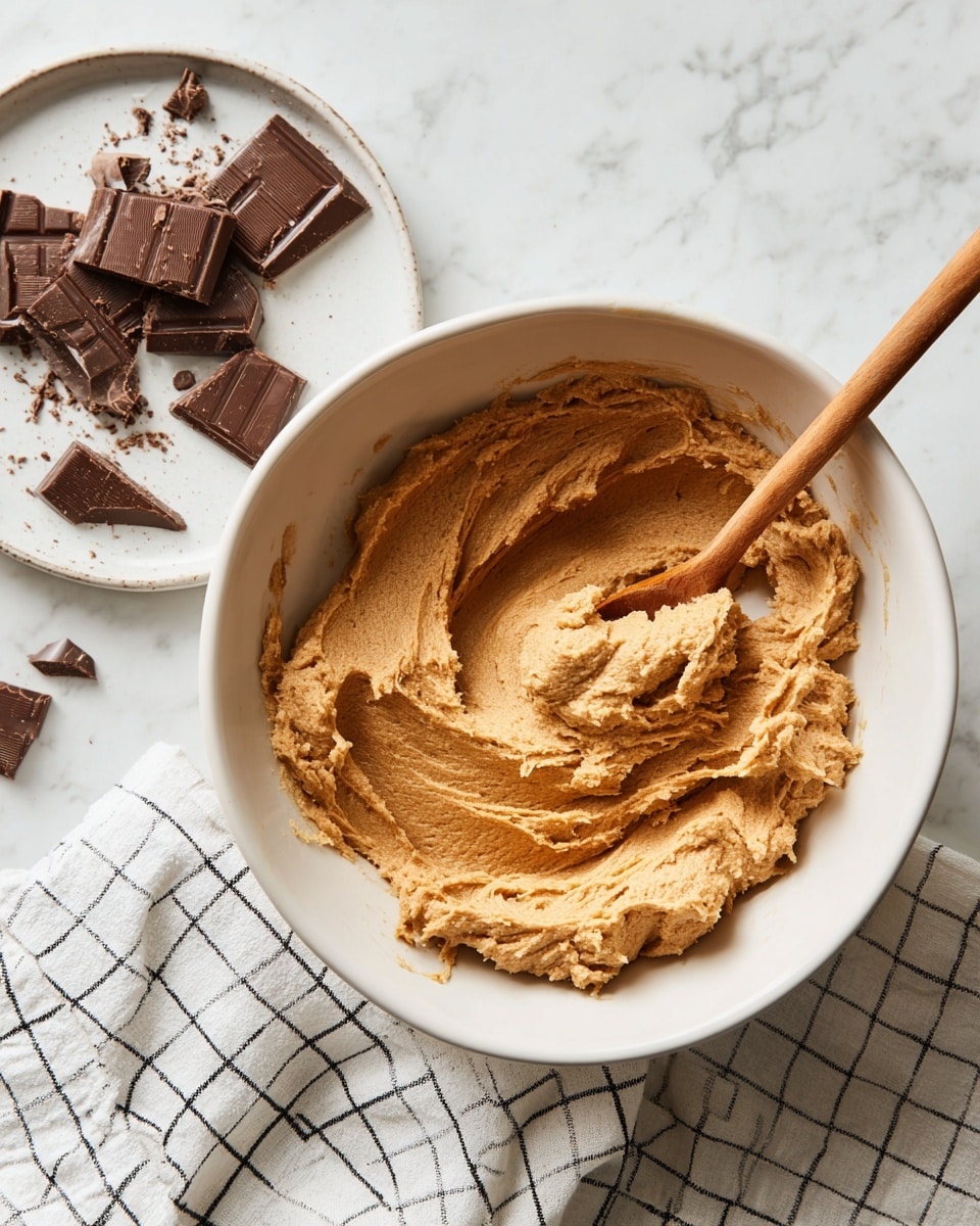 A thick, light brown dough mixture sits in a white bowl with a smooth matte texture, covering most of the bowl's inside surface. A medium brown wooden spoon with a natural grain pattern rests inside the dough, its handle extending out of the bowl. Nearby, on a white plate with a slightly rough surface, there are broken pieces of dark brown chocolate scattered unevenly. A white cloth with a black grid pattern lies partly under the dough bowl on a white marbled surface. photo taken with an iphone --ar 4:5 --v 7
