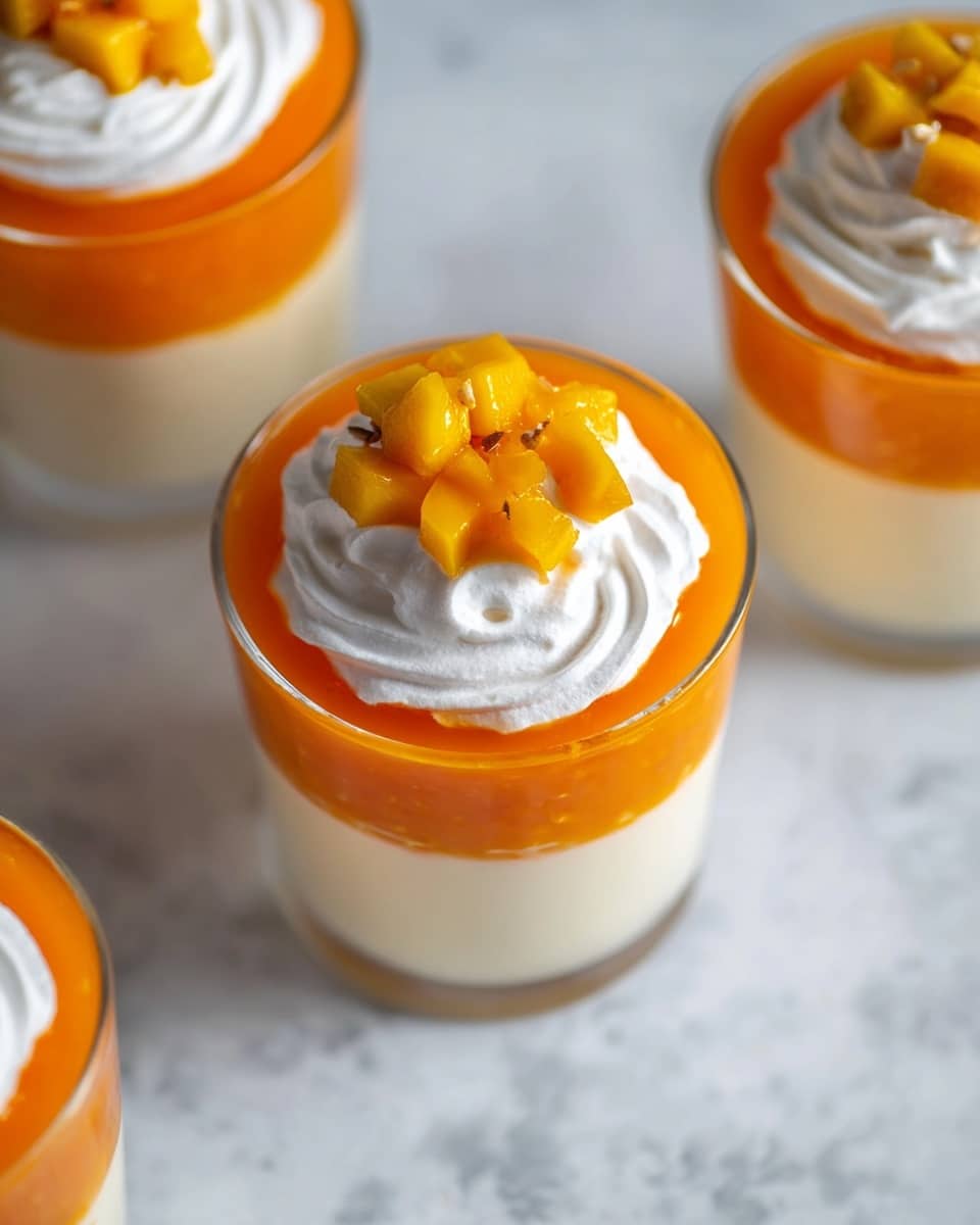 The image shows glass cups each filled with a three-layer dessert placed on a white marbled surface. The bottom layer is a light creamy color with a smooth texture. Above it is a thick bright orange layer that looks like jelly or puree, neatly filling the cup almost to the top. The top layer is a swirl of white whipped cream, soft and fluffy in appearance. On top of the whipped cream, there are small chunks of yellow mango arranged in a small pile, adding a fresh and juicy look. The overall presentation is neat and colorful. Photo taken with an iphone --ar 4:5 --v 7