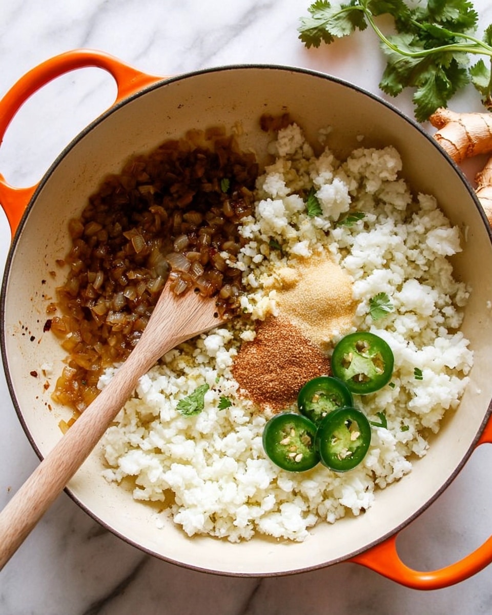 A close-up of a white pot with bright orange handles sitting on a white marbled surface. Inside the pot, the left side shows small browned pieces of cooked onions with a slightly crispy texture. On the right side, a pile of finely chopped white cauliflower rice is topped with a small mound of light brown spice powder and several thin slices of fresh green jalapeño arranged neatly on top. A wooden spatula rests on the left side of the pot among the browned onions. In the top right corner, there is a piece of ginger and green cilantro leaves slightly out of focus. Photo taken with an iphone --ar 4:5 --v 7