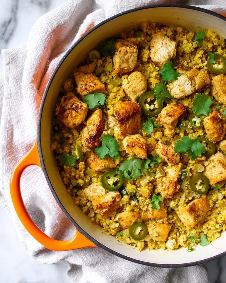 A white and orange large cooking pot filled with golden yellow cubes of cooked chicken layered on top of a bed of finely chopped light yellow cauliflower rice mixed with small green jalapeño slices and sprinkled with fresh green cilantro leaves, all sitting on a soft white cloth over a white marbled surface, a woman's hand holding the pot handle is partly visible in the corner photo taken with an iphone --ar 4:5 --v 7