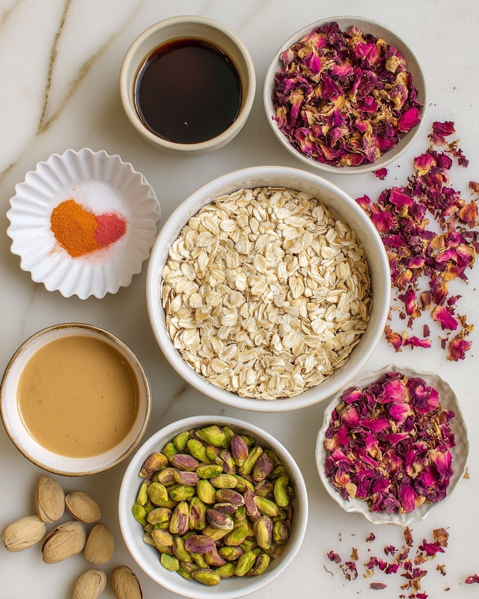 The image shows a top-down view of six white bowls and plates on a white marbled surface, each filled with different ingredients. The largest bowl in the center is filled with light beige rolled oats. To the bottom right, a bowl is full of green and purple pistachios. Above that, another bowl contains dark brown liquid, possibly syrup or molasses. On the left side, a small bowl contains a smooth light brown creamy substance, likely tahini. Above it, a small white fluted plate holds fine pink salt and bright orange powder arranged side by side. At the top right, a bowl is piled high with red and orange dried flower petals, with more scattered around. There are also some pistachios and petals scattered around the bowls. photo taken with an iphone --ar 4:5 --v 7