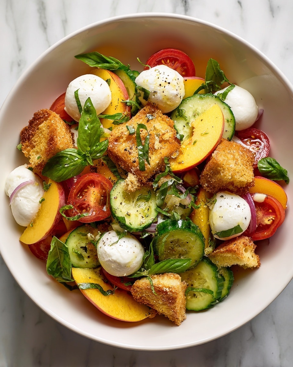 A white bowl filled with a colorful salad showing four main layers: round white mozzarella balls scattered around, golden crispy croutons of irregular shapes, thick slices of yellow and red peach, and fresh cucumber slices with dark green skin and light green inside. There are also chunks of bright red tomatoes and chopped green basil leaves evenly spread, all mixed together with a light dressing and some black pepper specks on top. The bowl sits on a white marbled surface. Photo taken with an iphone --ar 4:5 --v 7