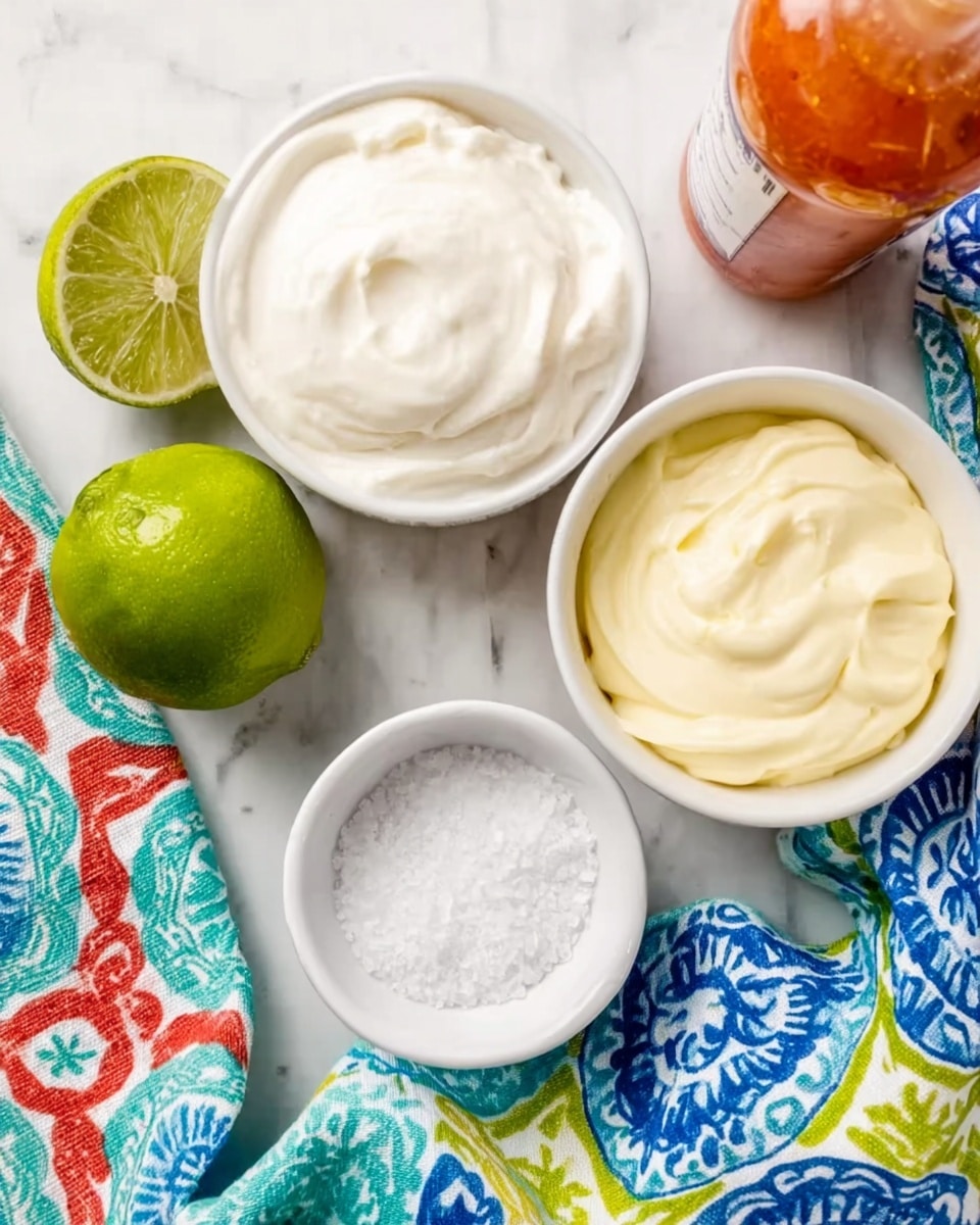 The image shows three white round bowls placed on a white marbled surface. The top left bowl is filled with smooth, creamy white sour cream. The top right bowl contains a light yellow creamy mixture, possibly mayonnaise. Below these bowls is a small white bowl filled with fine white salt. To the right of the salt bowl, two green limes are placed; one lime is whole, and the other is cut in half, showing its fresh green interior. A colorful blue, red, yellow, and turquoise patterned cloth is placed underneath the bowls and slightly to the left side. A clear bottle with a reddish orange sauce is partially visible at the top right corner. photo taken with an iphone --ar 4:5 --v 7