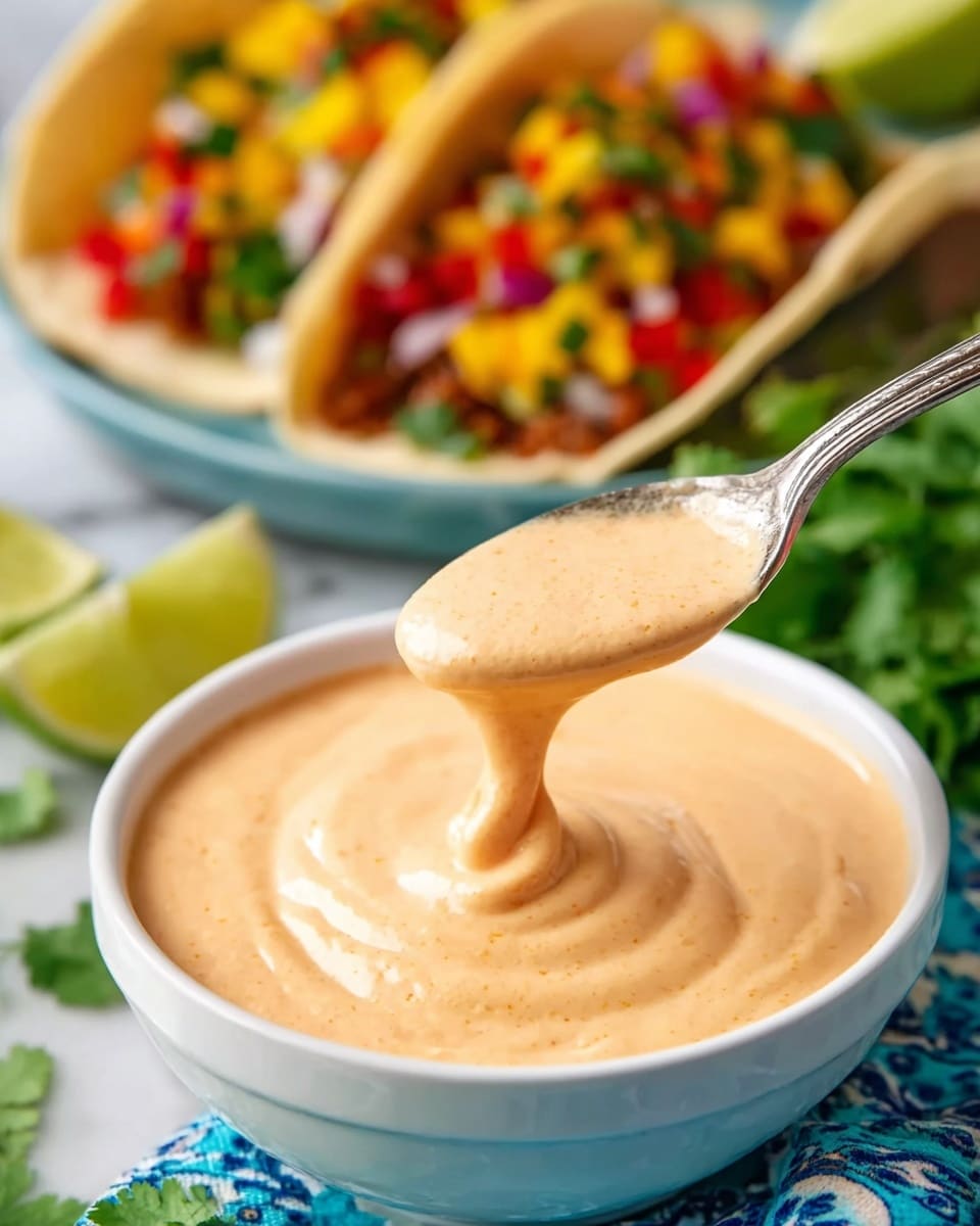 A close-up image of a spoon lifting creamy, light orange sauce from a white bowl filled with the same sauce. In the background, there are two white plates with colorful tacos topped with layers of yellow, red, and green ingredients. Bright green cilantro leaves are placed beside the bowl on a white marbled surface, along with lime wedges and bits of a patterned blue cloth visible under the bowl. The sauce looks thick and smooth. Photo taken with an iphone --ar 4:5 --v 7