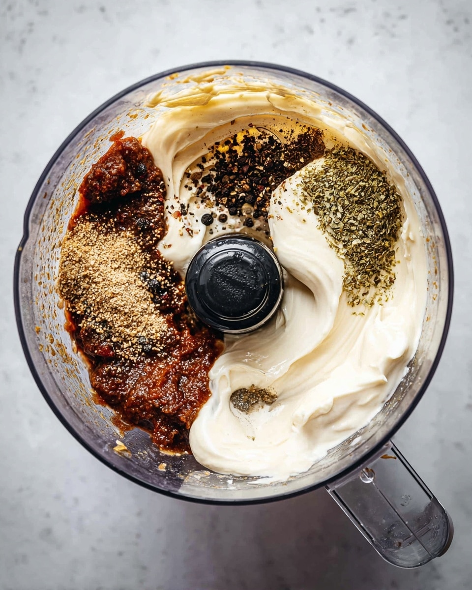 A top-down view of a clear food processor bowl on a white marbled background. Inside the bowl, there are multiple layers of ingredients: a thick off-white creamy layer mostly on the upper right and center, a dark reddish-brown chunky layer in the lower left, and scattered dark spices including finely ground black pepper on the upper left and green dried herbs on the middle right. The mix has smooth textures with some coarse particles and a black food processor blade in the center. photo taken with an iphone --ar 4:5 --v 7