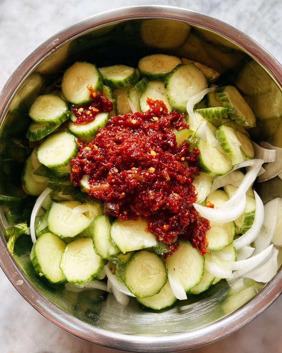 A metal bowl filled with chopped cucumber slices in varying green shades with smooth skins and pale interiors, layered over thin, translucent white onion slices, and topped with a thick, coarse red chili paste that has visible bits of seeds and spices. The bowl sits on a white marbled surface. photo taken with an iphone --ar 4:5 --v 7