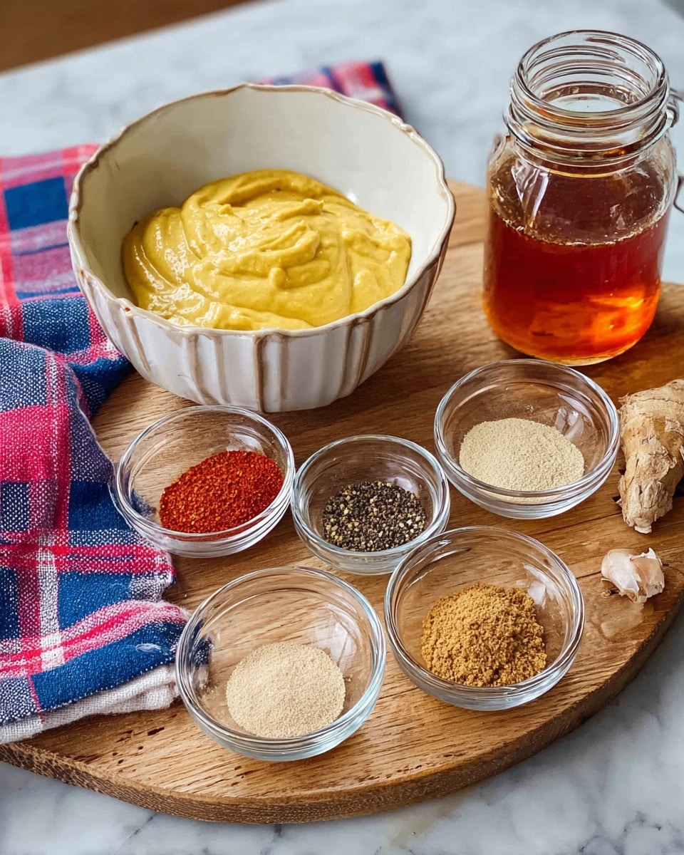 The image shows a wooden board on top of a red, white, and blue checkered cloth. On the board, there is a white bowl with a thick yellow mustard sauce inside it. Around the bowl, there are six small clear glass bowls with different spices and ingredients: one with brown sugar, one with black pepper, one with a red spice, one with a light beige powder, one with a tan powder, and one with a dark brown liquid. In front of the board, there is a clear glass jar filled with an amber-colored liquid. The whole setup is on a white marbled surface. photo taken with an iphone --ar 4:5 --v 7