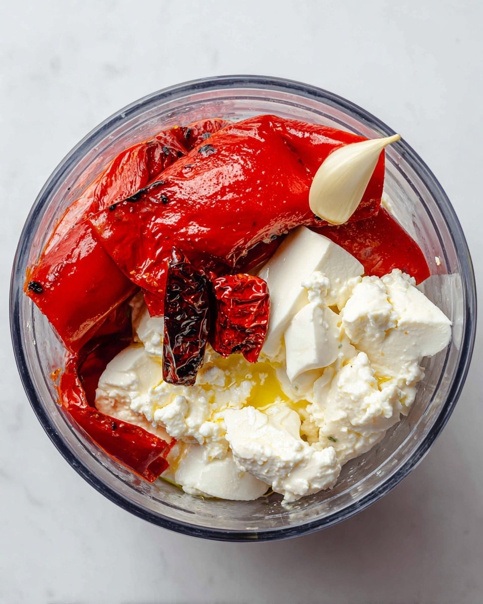 A clear round blender container holds a mix of ingredients layered inside. On the left side, there are large pieces of bright red roasted peppers with charred marks and a shiny texture. On the right side, there are soft white cheese chunks with a crumbly texture, some of which are drizzled with light yellow oil. A single small red chili pepper lies on top of the cheese near the center, adding a smooth and shiny red contrast. Near the cheese, a whole peeled garlic clove with a smooth off-white surface is present. The container sits on a white marbled texture surface. photo taken with an iphone --ar 4:5 --v 7