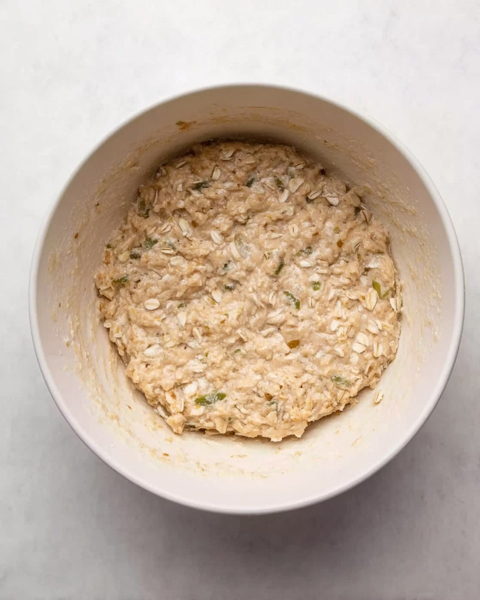 A white bowl filled with a mixture that looks like dough or batter. The mixture is light beige with visible bits of oats and small green pieces mixed throughout. The texture appears thick and uneven, with some parts showing rolled oats clearly on the surface. The bowl sits on a white marbled surface. photo taken with an iphone --ar 4:5 --v 7