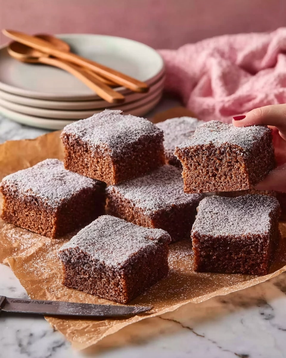 The image shows eight square pieces of brown cake with a soft texture, each topped with a light dusting of powdered sugar. Seven of the cake pieces are placed directly on a piece of brown parchment paper, while one piece is slightly lifted by a woman's hand holding it from the right side. Behind the cakes, there is a stack of five white plates with two wooden utensils resting on top. A knife lies in front of the cakes on the white marbled surface. The background has a soft pink cloth, adding a gentle color contrast. Photo taken with an iphone --ar 4:5 --v 7