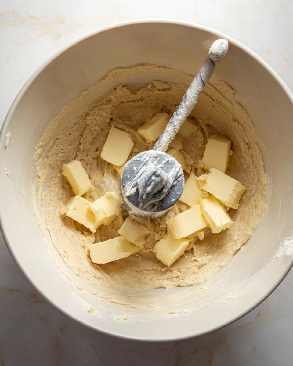 A close-up view of a white mixing bowl with thick beige dough inside, with seven chunks of pale yellow butter scattered on top. A metal dough hook, coated with patches of flour, is twisting through the dough in the center. The scene is set on a white marbled surface that has subtle grey and beige veins, giving a clean and simple kitchen atmosphere. photo taken with an iphone --ar 4:5 --v 7