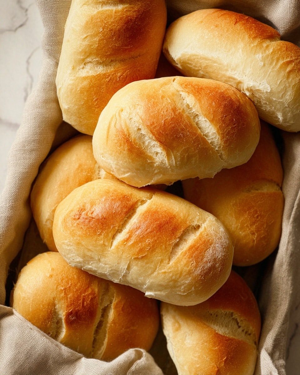 Several light golden brown bread rolls are piled on top of each other in a close-up view, showing their soft and fluffy texture with some smooth and slightly shiny crust. Each roll has shallow diagonal cuts on the top, creating a pattern of slightly raised ridges and soft valleys. They rest on a beige cloth inside a tray, with a white marbled surface visible underneath. The overall look is warm and inviting, emphasizing the fresh baked quality of the rolls. photo taken with an iphone --ar 4:5 --v 7