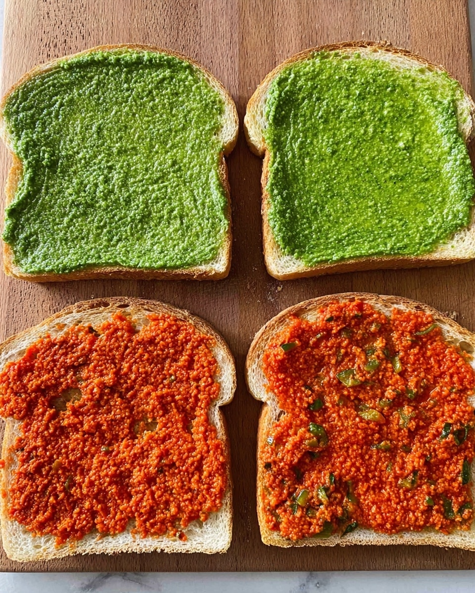 Four slices of white bread laid flat on a wood cutting board with a white marbled background. Two slices at the top have a thick, spread of bright green pesto covering the surface evenly, with a slightly rough texture. The two slices at the bottom have a vibrant red-orange spread made of finely chopped ingredients, giving a somewhat coarse look with small bits and flecks of green herbs visible. The bread edges are soft and crusty, creating contrast with the colorful spreads. photo taken with an iphone --ar 4:5 --v 7