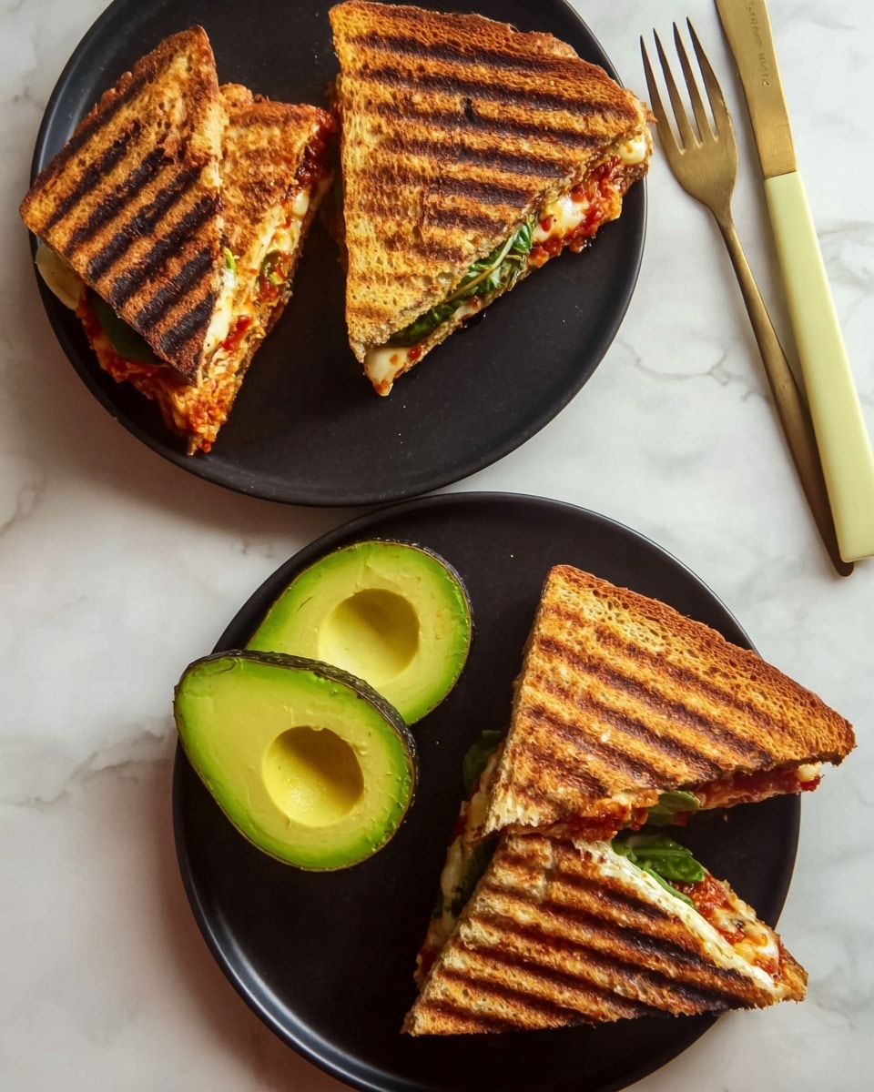 Two black plates on a white marbled surface hold grilled sandwiches and half an avocado. The top plate has two halves of a green avocado with smooth texture and one grilled sandwich cut diagonally into two triangular pieces. The sandwich shows golden-brown grill marks and a filling of melted cheese, green leafy vegetables, and red sauce. The bottom plate has two sandwich halves with similar grill marks and fillings visible on one piece, including melted cheese and vegetables. A fork and knife with pale yellow handles rest on the side of the top plate. Photo taken with an iphone --ar 4:5 --v 7