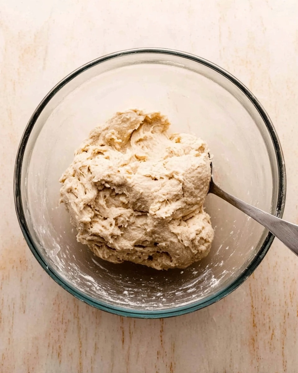 A clear glass bowl sitting on a white marbled surface holds a rough, pale beige dough with a sticky texture. The dough is gathered in the center, showing small air bubbles and folds on its surface. A silver spoon is placed inside the bowl on the right side, partially immersed in the dough. The bowl and dough catch soft light, highlighting the slight shine on the dough and the glass's transparency. photo taken with an iphone --ar 4:5 --v 7