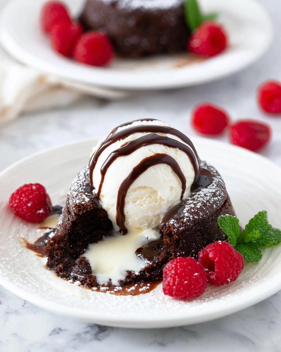 A white plate with a round chocolate cake that has a soft center melting out, topped with a scoop of white ice cream drizzled with dark chocolate sauce, placed in the middle. Around the cake, there is a pool of melting ice cream. Bright red raspberries and small green mint leaves are placed next to the cake on the plate. The background shows another white plate with a similar chocolate cake topped with powdered sugar and a few more raspberries scattered nearby, all set on a white marbled surface. Photo taken with an iphone --ar 4:5 --v 7
