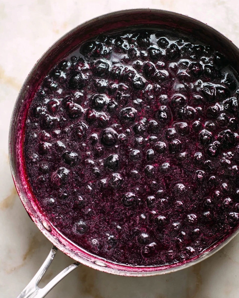 A close-up view of a metal pan filled with a thick layer of deep purple blueberry sauce. The surface is covered with many whole blueberries mixed in a shiny, syrupy texture, with some purple juice slightly stained along the inner sides of the pan. The pan rests on a white marbled surface. photo taken with an iphone --ar 4:5 --v 7