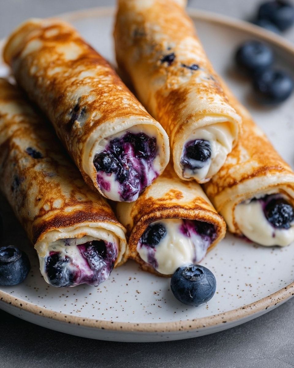 Four rolled crepes with a golden brown crispy outer layer are placed on a white plate with a light speckled texture. Each crepe is filled with a creamy white layer mixed with dark purple whole blueberries inside, with some blueberry juice slightly seeping out. Fresh blueberries are scattered around the plate, resting on the white marbled surface beneath. The texture of the crepes shows light browning spots with a slight crisp on the edges. Photo taken with an iphone --ar 4:5 --v 7