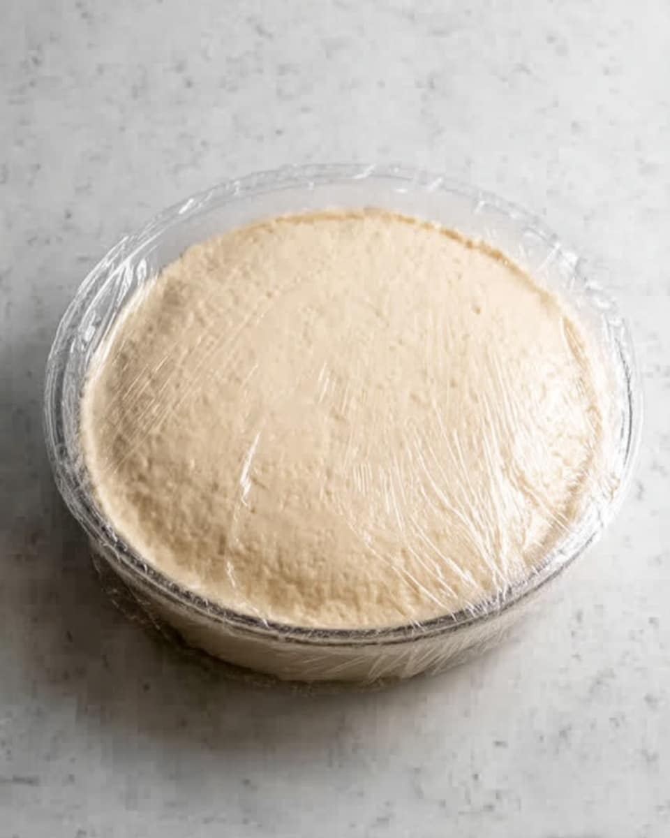 A clear glass bowl filled with smooth, pale beige dough that has risen and looks soft and puffy, covered loosely with clear plastic wrap. The bowl is placed on a white marbled surface. The dough's texture is even with small bubbles visible on the top, showing it has risen well. photo taken with an iphone --ar 4:5 --v 7
