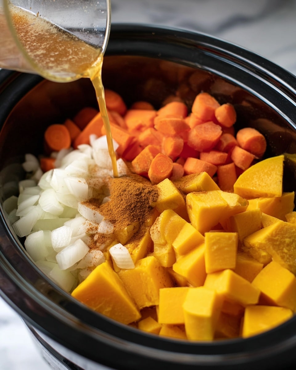 The image shows a close-up of a slow cooker filled with three visible layers of food ingredients. The bottom layer consists of yellow-orange cubed squash, with a smooth texture and vibrant color. The middle layer includes chopped white onions with a translucent look and bright orange sliced carrots, cut into small rounds. The top layer has a pile of brown powdered seasoning sprinkled over the vegetables. A clear liquid is being poured over the ingredients from the side. The cooker is set against a white marbled background. photo taken with an iphone --ar 4:5 --v 7