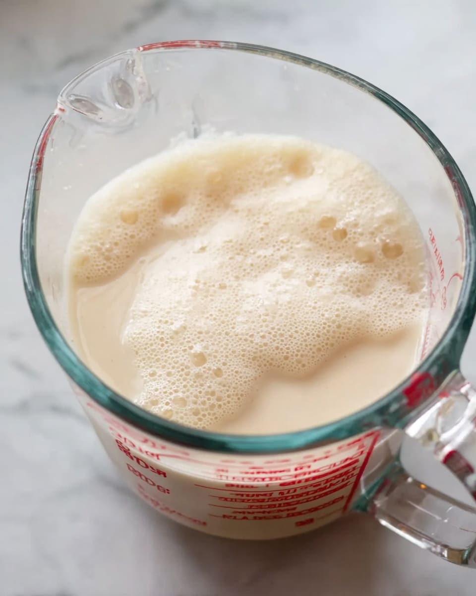 The image shows a clear glass measuring cup filled with a light beige, frothy mixture that has a slightly uneven texture on top, sitting on a white marbled surface. The frothy layer covers most of the liquid beneath, which appears smooth and creamy with a pale, off-white color. The measuring cup has red measurement markings on the side and a handle on the right side of the image. The whole scene is softly lit, highlighting the gentle bubbles and creamy texture of the mixture inside the glass container. photo taken with an iphone --ar 4:5 --v 7