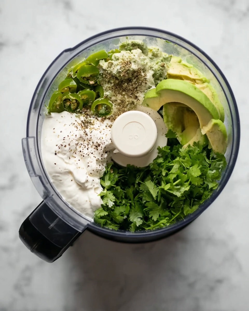 Top view of a food processor bowl on a white marbled surface, filled with several layers of ingredients. At the bottom, there are chopped green ingredients, likely jalapeños. Above that, avocado halves are placed on one side, their smooth green texture visible. Next, fresh green cilantro leaves are scattered around, topped with a thick white creamy layer with specks of black pepper sprinkled on top. The black base of the food processor is visible on the left side. photo taken with an iphone --ar 4:5 --v 7