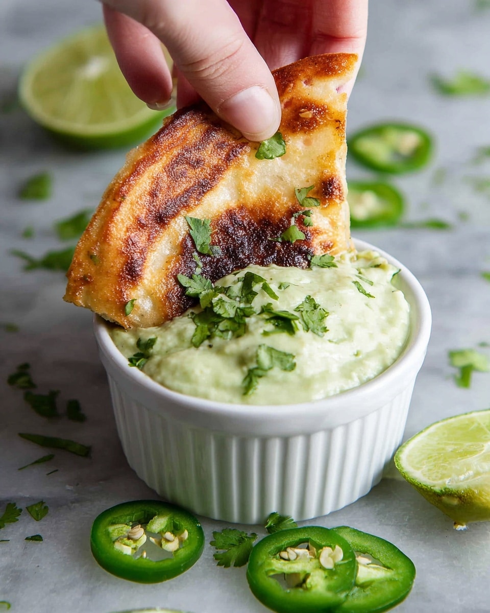 A woman's hand is holding a toasted tortilla quarter, showing a crispy, golden-brown surface on the outside with some darker toasted spots near the edges. The tortilla is dipped into a small white ribbed bowl filled with creamy, light green guacamole sauce topped with small green cilantro leaves. The bowl sits on a white marbled surface scattered with sliced bright green jalapeños, some fresh green cilantro leaves, and halved lime wedges, adding fresh, vibrant green color accents photo taken with an iphone --ar 4:5 --v 7
