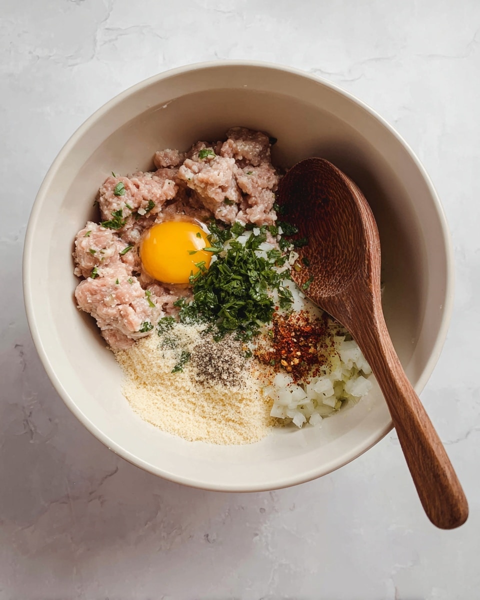A white bowl sits on a white marbled surface, filled with several mixed ingredients. There is raw ground meat in a pale pink color forming the main layer. On top of this, a bright yellow raw egg yolk rests on the left side. Scattered green chopped herbs add fresh color, mixed with small pieces of white onion. A pile of beige breadcrumbs sprinkled with black pepper lies near the bottom center. Some reddish-brown spices are sprinkled over the middle area, adding contrast. A wooden spoon with a rich brown texture is placed on the right side of the bowl. Photo taken with an iphone --ar 4:5 --v 7