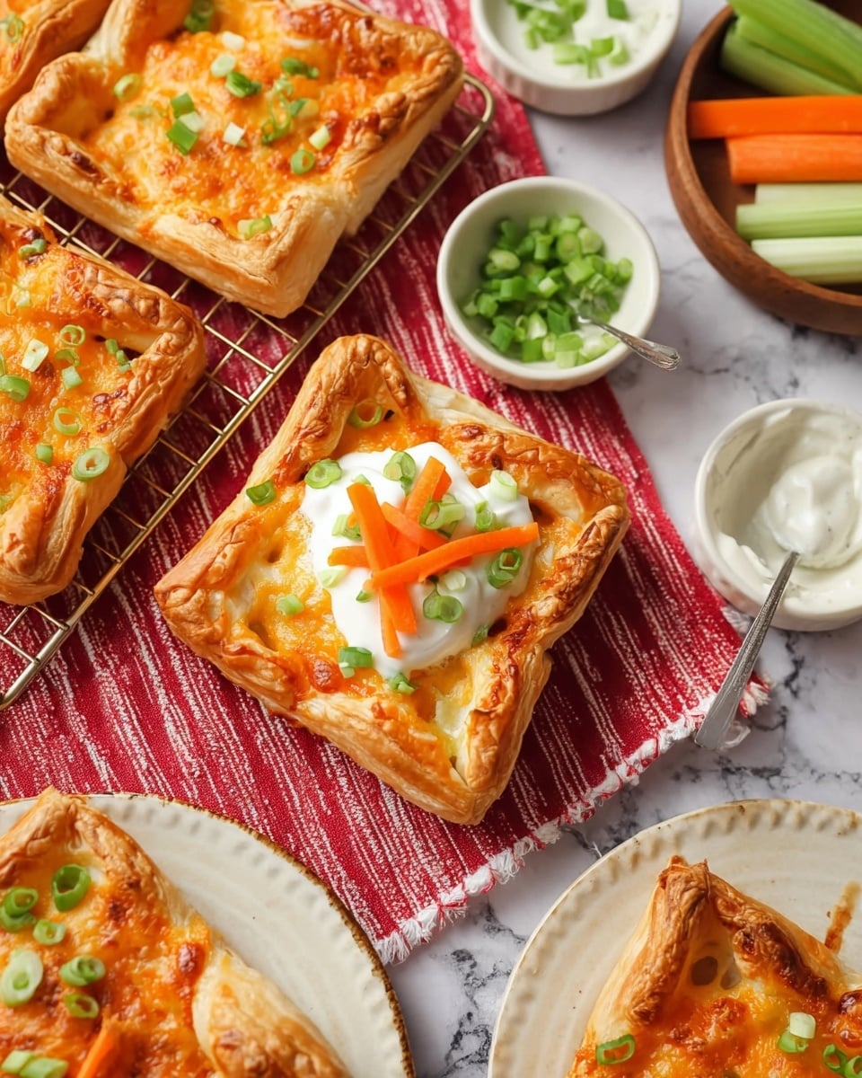 The image shows several square-shaped puff pastries with a golden-brown crust and melted orange and white cheese on top, arranged on a wire rack over a red cloth with white stripes. One puff pastry in the front center has a dollop of white sauce topped with thin orange carrot strips and green chopped scallions. Surrounding the pastries are small white dishes with green chopped scallions, a white creamy sauce with a spoon, and a wooden bowl filled with sliced green and orange vegetables. Another white plate holding a puff pastry with the white sauce and scallions is partially visible at the bottom left. The background surface is a white marbled texture. Photo taken with an iphone --ar 4:5 --v 7