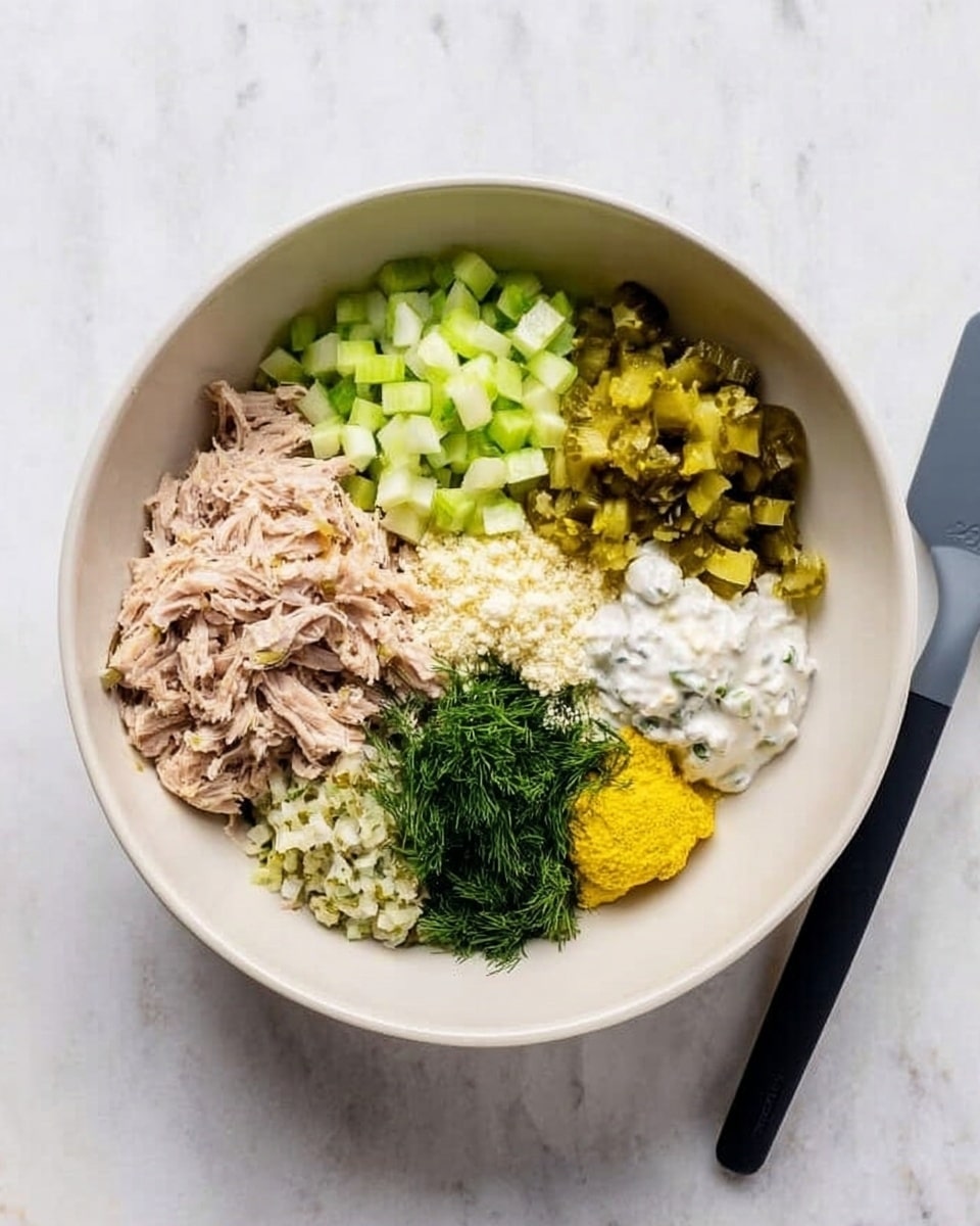 A white bowl sits on a white marbled surface filled with five separate piles of ingredients before mixing. At the bottom left, there is shredded light brown meat. Above it, in the top left, are small chopped pieces of green celery. On the top right, there is chopped pickles in a yellow-green shade. Below those, at the bottom right, is a dollop of yellow mustard. In the middle, there is a mix of dollops including pale yellow powder, light cream sauce, white yogurt, and green chopped herbs, likely dill. Next to the bowl, on the right side of the frame, a dark gray spatula rests on the surface. Photo taken with an iphone --ar 4:5 --v 7
