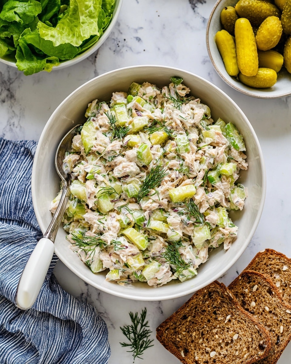 A large white bowl filled with a chunky salad mix showing three main layers: a creamy white base with small pieces of light pink protein, surrounded by diced light green celery and green pickles, all mixed with visible bits of fresh dill. A silver fork with a white handle rests inside the bowl on the left side. Above the bowl, there is a smaller white bowl with green leafy lettuce, and to the right, a white bowl holds round yellow-green pickles. In the bottom right corner, two slices of toasted brown multi-grain bread are placed on a white marble surface near a blue and white striped cloth. The whole scene is set on a white marbled background. photo taken with an iphone --ar 4:5 --v 7