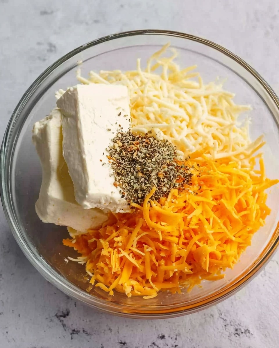 A clear glass bowl sits on a white marbled surface, holding four distinct layers of ingredients arranged separately inside it. The bottom left layer is a block of white cream cheese with a smooth texture. Above it, there is a pile of shredded white cheese with a soft, stringy texture. To the right, there is a heap of shredded orange cheese, slightly finer and vibrant in color. On top of the cream cheese, on the bottom left quadrant, there is a small pile of cracked black pepper, adding a speckled texture. The overall colors are soft cream, white, orange, and black, all clearly separated in a round bowl. Photo taken with an iphone --ar 4:5 --v 7