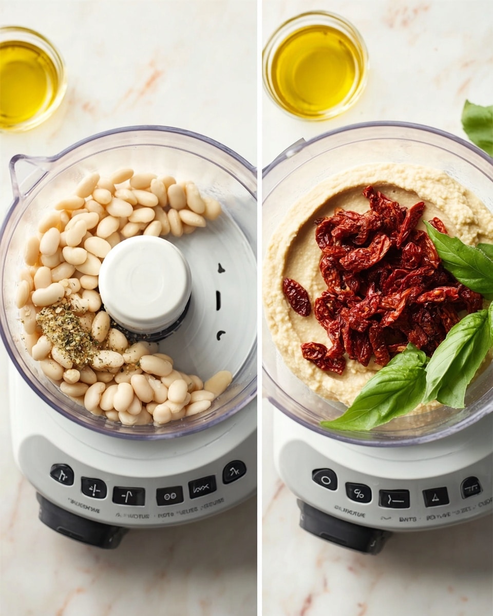 The image shows a two-part scene of a food processor on a white marbled surface. On the left side, inside the clear food processor bowl, a single layer of white beans with a small amount of minced garlic and ground pepper is visible, sitting around the central white blade cover. A small glass container with yellow oil sits nearby. On the right side, the food processor bowl contains a smooth, light beige hummus-like layer topped with scattered dark red sun-dried tomatoes and two bright green fresh basil leaves placed diagonally on the right side of the bowl. The food processor base is white with black buttons labeled Off, Low, High, and Pulse. Photo taken with an iphone --ar 4:5 --v 7
