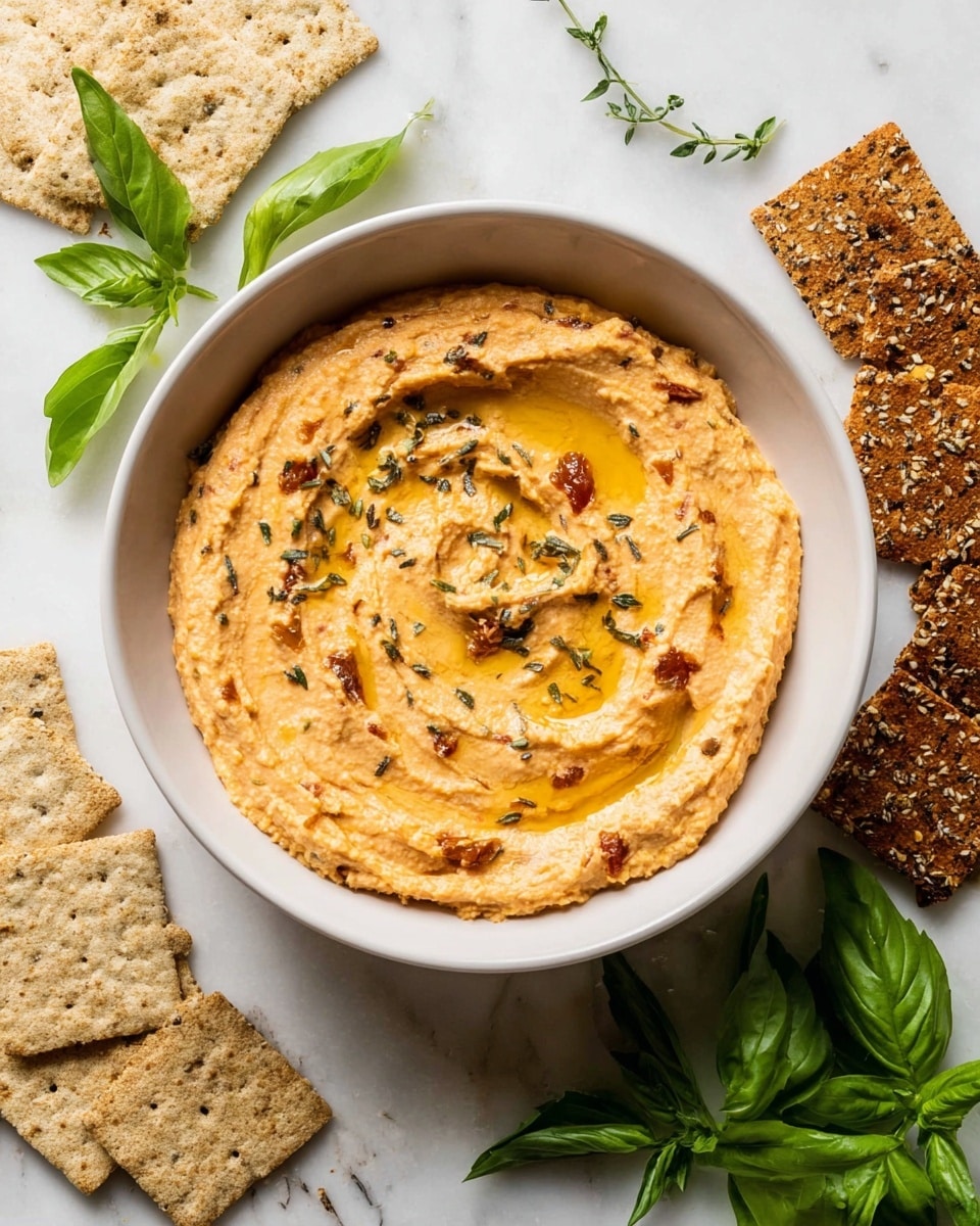 A white bowl filled with creamy, light orange hummus that has visible small bits of herbs and sun-dried tomatoes mixed in. The hummus surface is swirled with shallow grooves and drizzled with golden olive oil pools. Around the bowl, there are light beige square crackers with a baked texture on the left and darker, seeded rectangular crackers with a crunchy appearance on the right. Fresh green basil leaves and small green herb stems are placed on the white marbled surface around the bowl and crackers, creating a fresh contrast. photo taken with an iphone --ar 4:5 --v 7