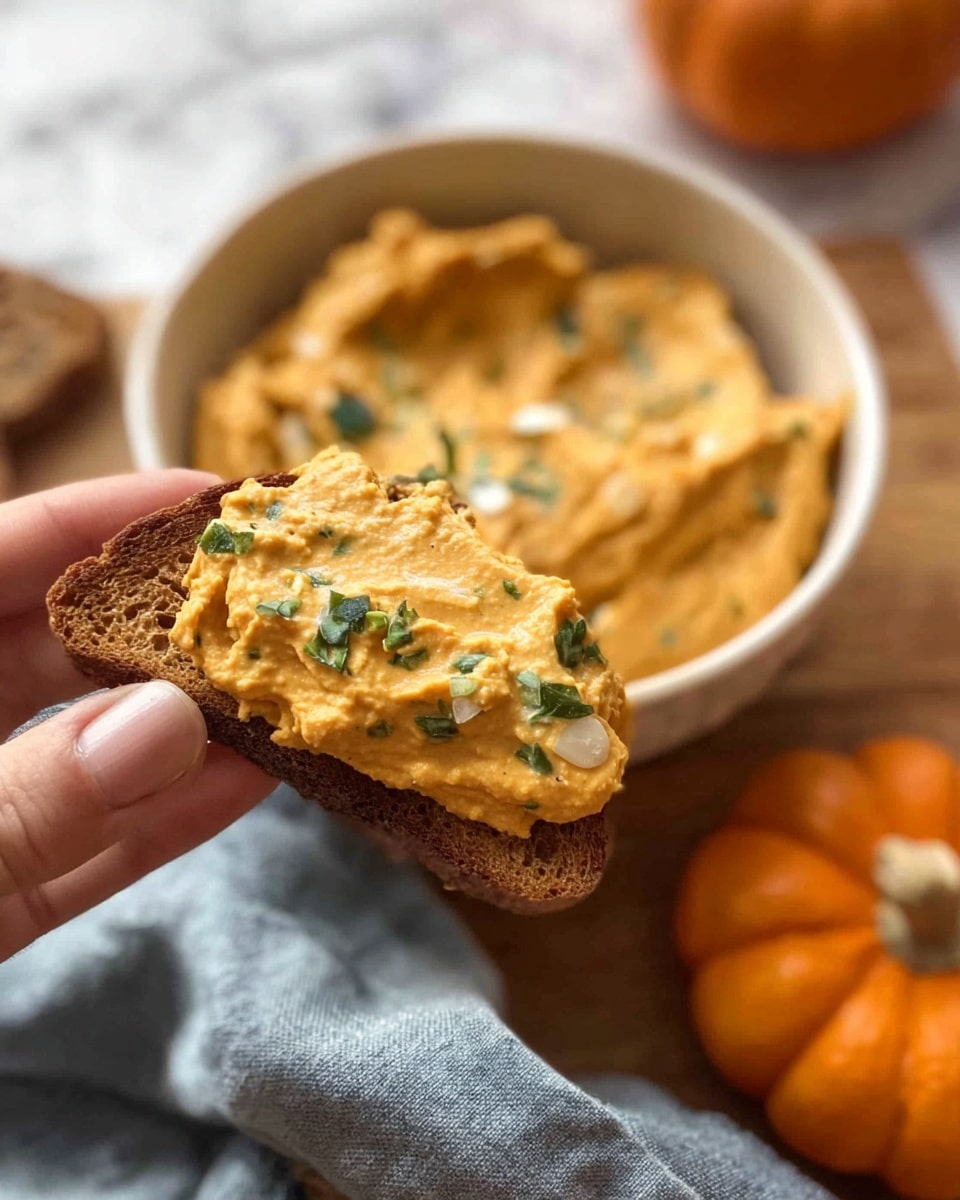 A close-up shows a woman's hand holding a small slice of toasted brown bread spread thickly with smooth, orange pumpkin dip that has small pieces of green herbs mixed in. Behind it, a round white bowl filled with more of the same pumpkin dip sits on a wooden surface with a soft gray cloth nearby. At the bottom right, there is a small pumpkin adding a bright orange color to the scene. The background is a white marbled texture. Photo taken with an iphone --ar 4:5 --v 7
