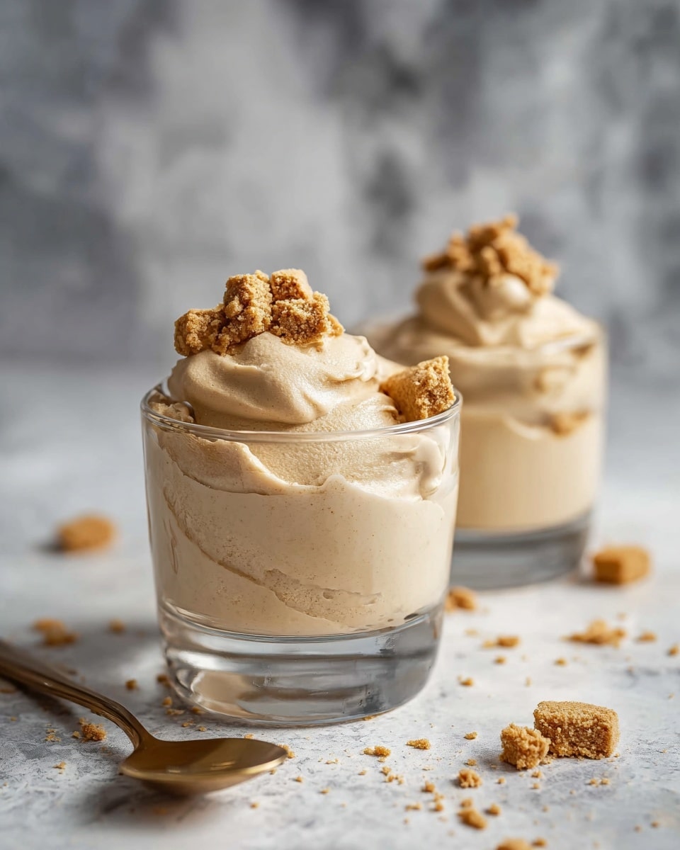 The image shows two clear round glasses filled with a three-layer dessert placed on a white marbled surface. The bottom layer is a glossy caramel sauce with a rich, deep amber color. Above it is a thick, creamy layer of smooth, pale beige mousse that takes up most of the glass. The top layer is a shiny caramel drizzle with thick swirls and a few small caramel chunks scattered on top. One glass is closer with a gold spoon inside, slightly swirling the caramel layer, while the other glass is in the background, slightly blurred. A small glass with more caramel sauce is faintly visible in the background. photo taken with an iphone --ar 4:5 --v 7