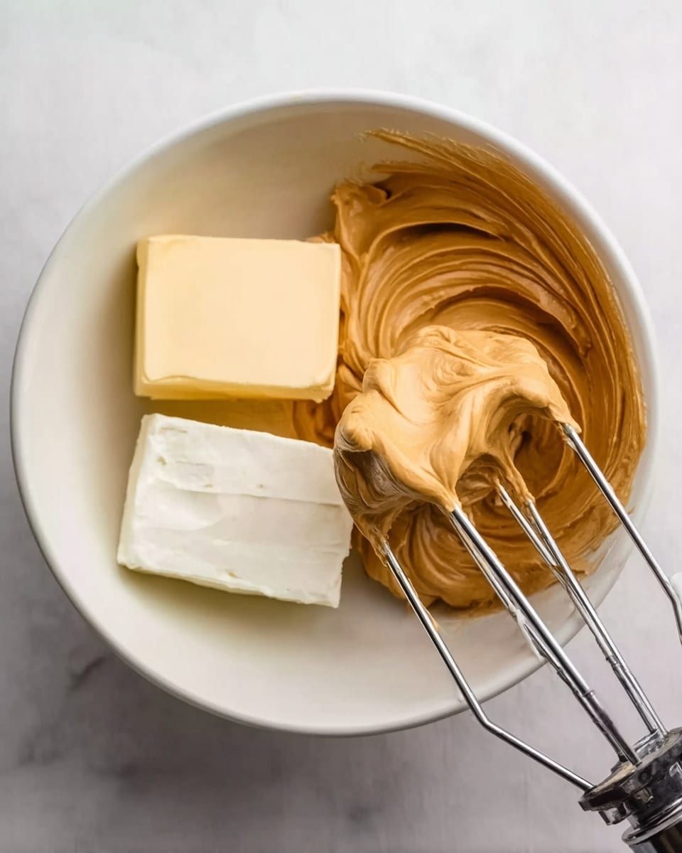 A white bowl on a white marbled surface holds three main layers of ingredients: a large rectangular block of pale yellow butter on the left, a similar-sized block of white cream cheese at the bottom, and a thick, smooth, swirled layer of light brown whipped coffee on the right, resting on top of an electric mixer beaters. A woman's hand is holding the beaters. photo taken with an iphone --ar 4:5 --v 7