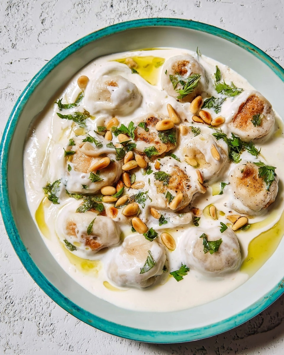 A white marbled surface holds a white bowl with thick yogurt sauce covering evenly round dumplings that are light brown and slightly toasted on top. The dumplings sit in a creamy white sauce with scattered toasted pine nuts and fresh chopped green herbs as garnish, with drops of golden olive oil adding shine around the edges. The bowl’s plain white color makes the food colors stand out clearly. Photo taken with an iphone --ar 4:5 --v 7