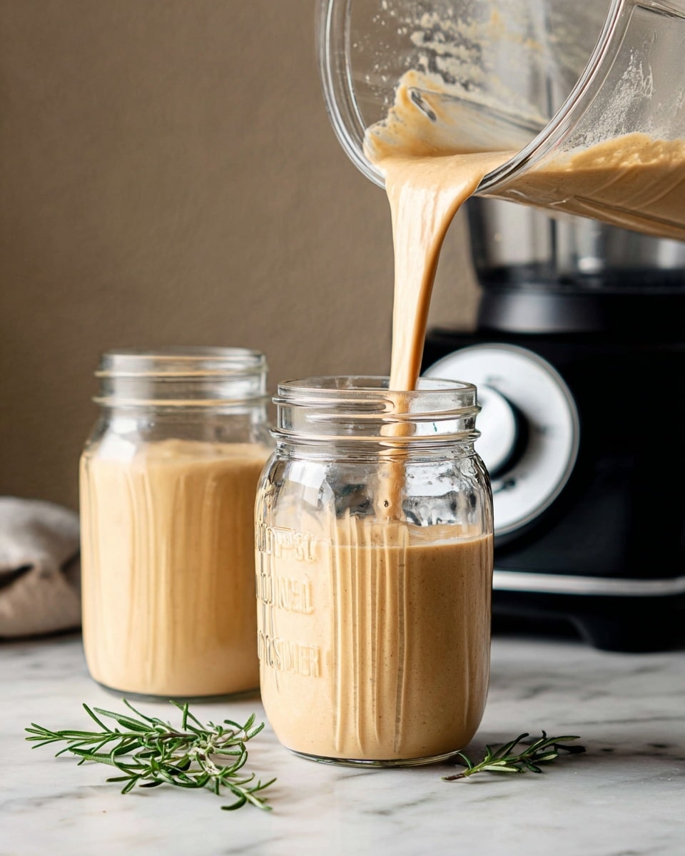 A smooth, thick beige smoothie is being poured from a clear blender container into a clear glass jar in the foreground. Another jar, already filled with the same beige smoothie, sits slightly behind to the left. The jars have faint vertical lines and embossed writing on their glass surfaces. Two small sprigs of green rosemary lie on the white marbled surface below the jars, adding a fresh color contrast. In the background, a black and white blender base with a silver dial is partially visible against a neutral-toned wall. The scene is lit softly, highlighting the creamy texture and flow of the smoothie. Photo taken with an iphone --ar 4:5 --v 7