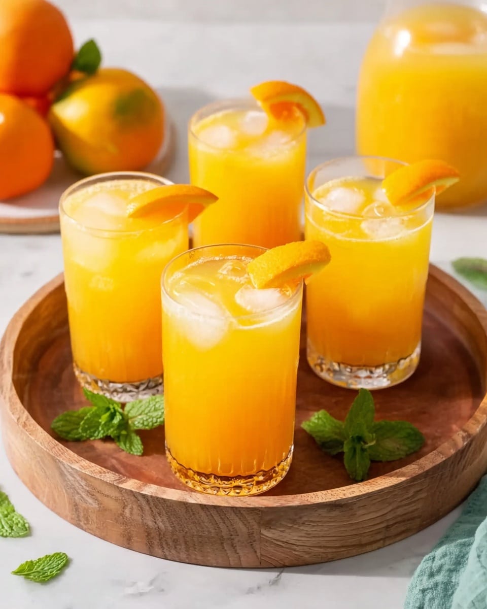 Two tall clear glasses filled with bright yellow-orange juice with small ice cubes floating near the top. Each glass has a thin orange slice and fresh green mint leaves on the rim. The glasses are placed inside a round wooden tray, with a white marbled surface in the background. The overall look is fresh and inviting with soft natural light. Photo taken with an iphone --ar 4:5 --v 7